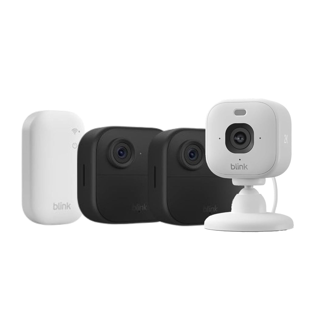 Blink Outdoor 4 Überwachungskamera-Set – 2 Außenkameras + Mini 2K+ Innenkamera inkl. Sync Module Core