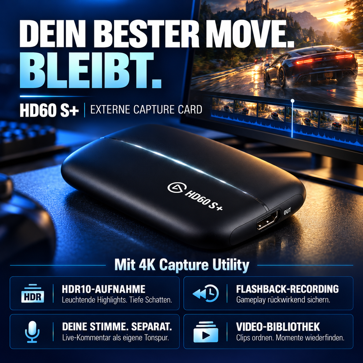 Elgato HD60 S+, externe Aufnahmekarte, Streamen und Aufzeichnen in 1080p60 HDR10 oder 4K60 HDR10 mit extrem niedriger Latenz auf PS5, PS4/Pro, Xbox Series X/S, Xbox One X/S,