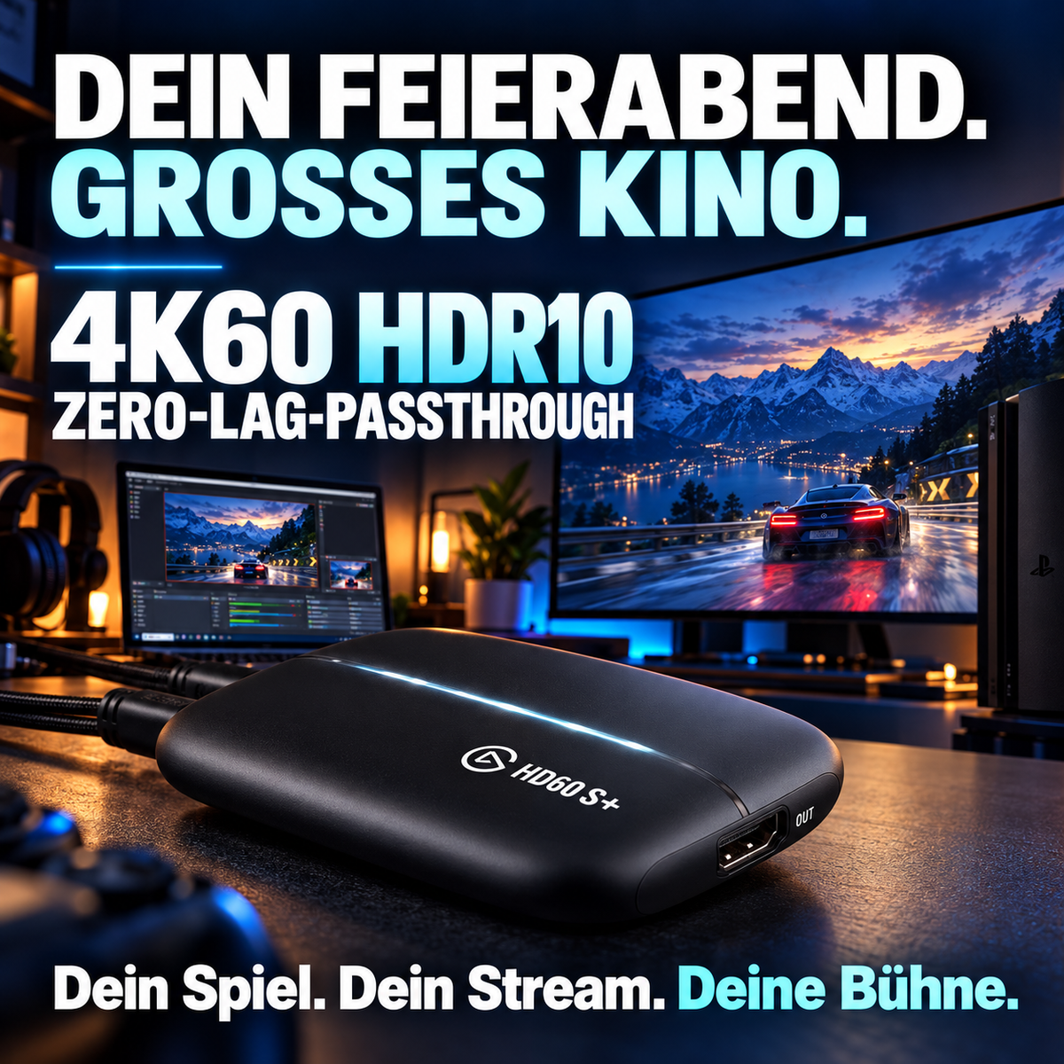 Elgato HD60 S+, externe Aufnahmekarte, Streamen und Aufzeichnen in 1080p60 HDR10 oder 4K60 HDR10 mit extrem niedriger Latenz auf PS5, PS4/Pro, Xbox Series X/S, Xbox One X/S,