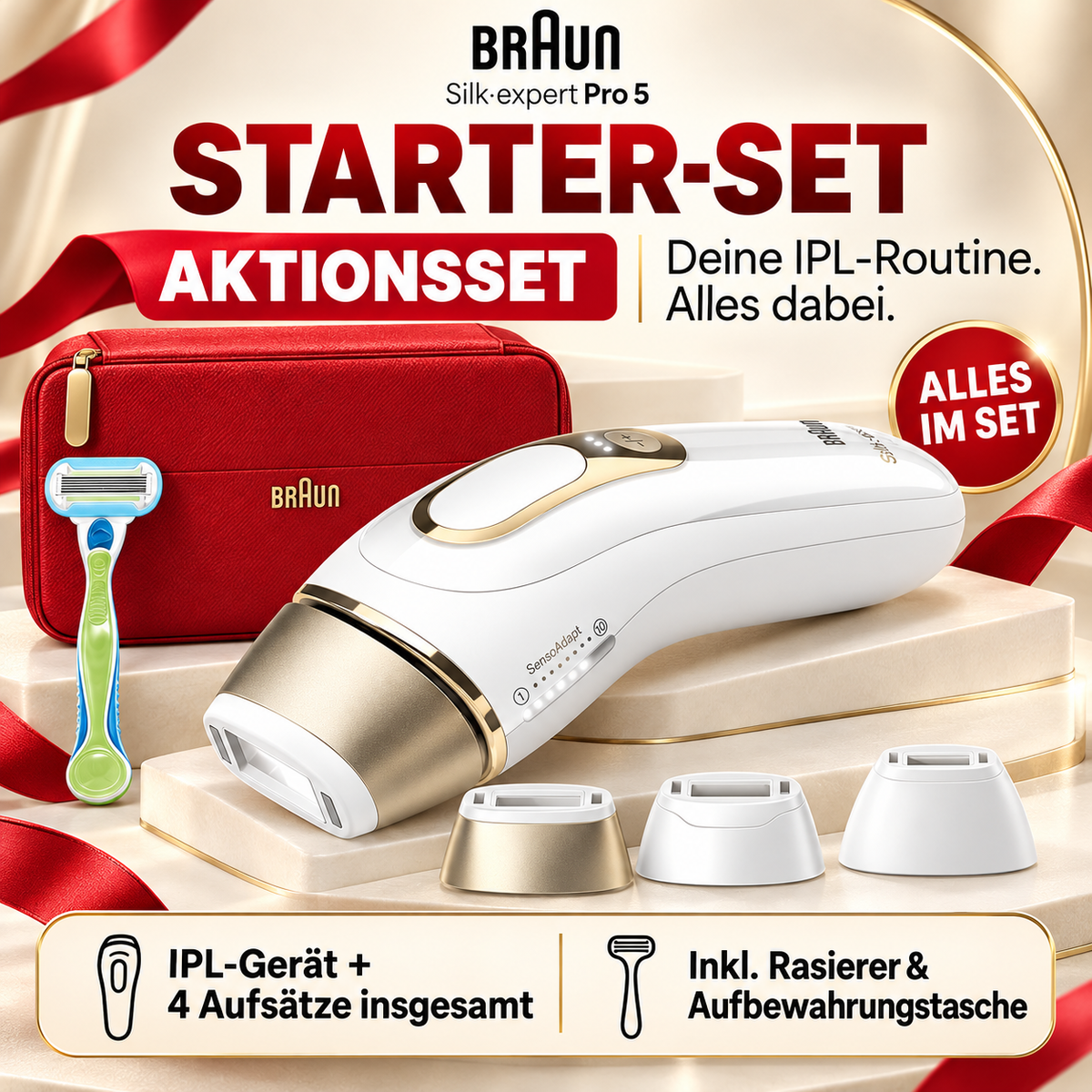 Braun IPL Geräte Haarentfernung Silk·expert Pro 5, PL5262, Weiß/Gold